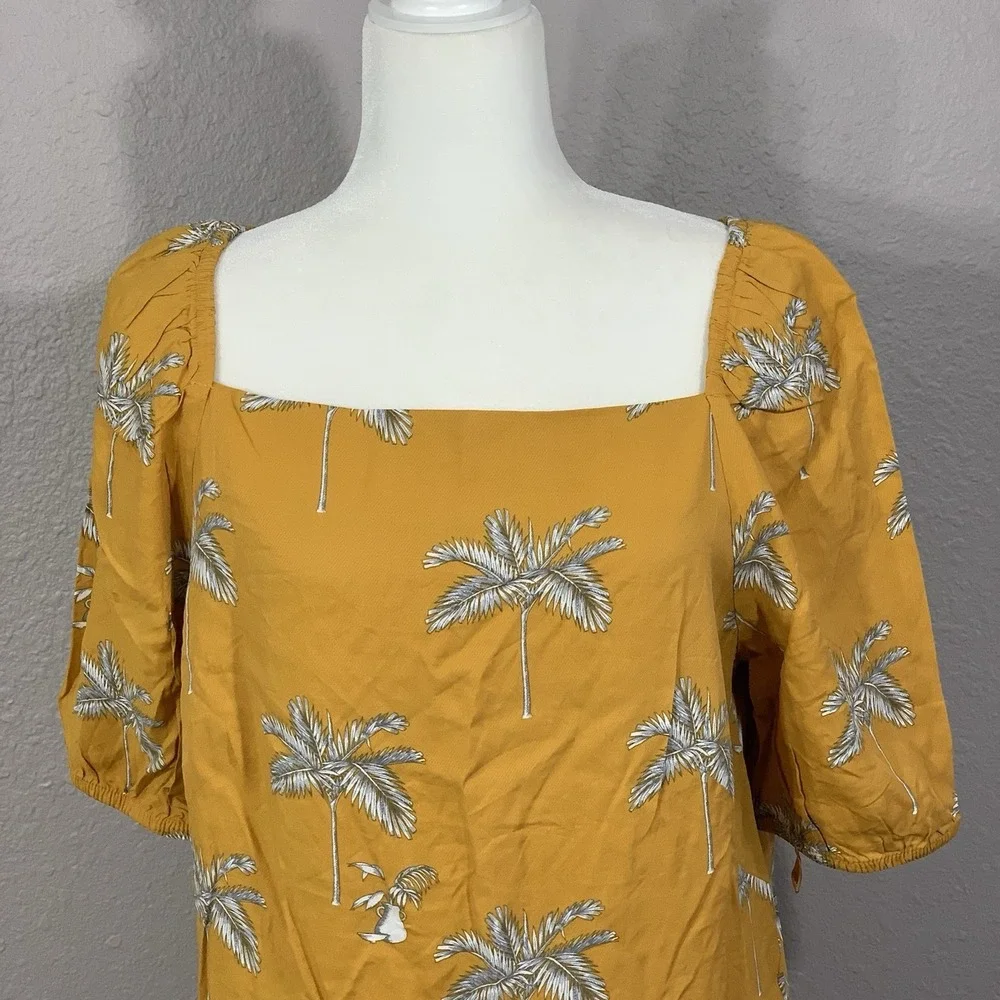 Ann Taylor Mustard Yellow Palm Tree‎ Puff Sleeve Square Neck Lined Dress Small